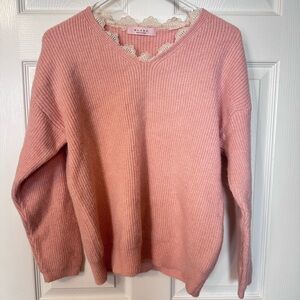 BLANC Pink Ribbed Knit Lace Trim Sweater | Made in Korea | Feminine